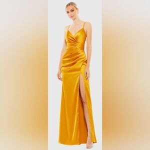 Mac Duggal 26585 Satin Sleeveless Faux Wrap Ruched Gown NWT sz 6 Marigold/Yellow